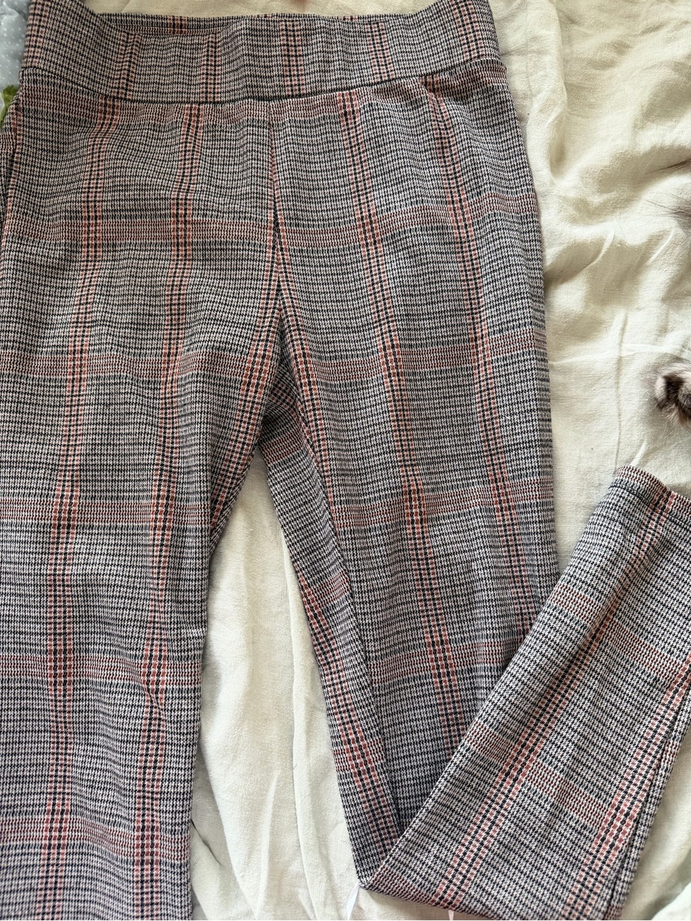 Women's Loft Plaid Stretch Pull-On Pants - Gray with Pink and orange Windowpane